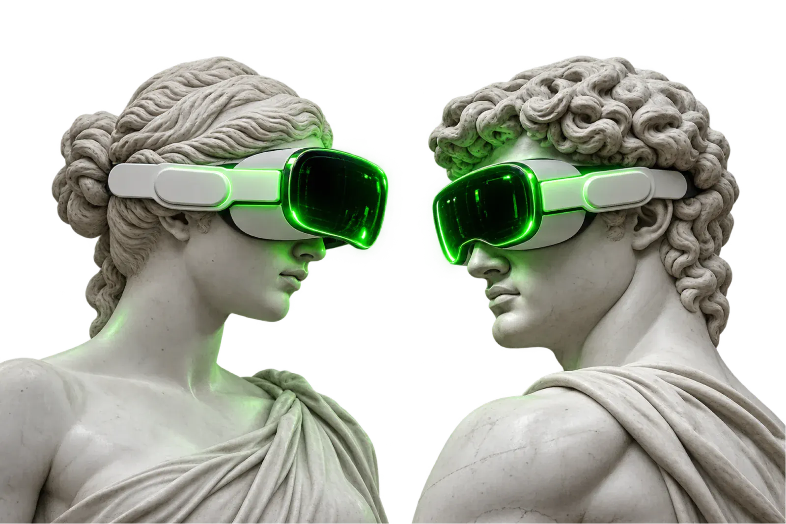 Two classical marble busts facing each other, wearing glowing green VR headsets