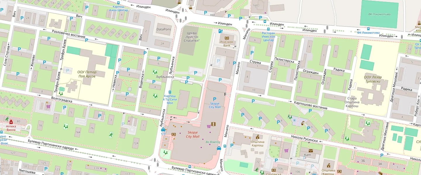 Map of the streets around ProCredit Bank on Manapo 7, 1000 Skopje, North Macedonia, with Skopje City Mall to the south