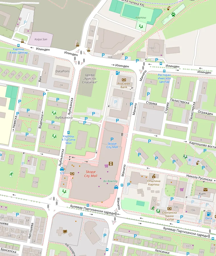 Map of the streets around ProCredit Bank on Manapo 7, 1000 Skopje, North Macedonia, with Skopje City Mall to the south