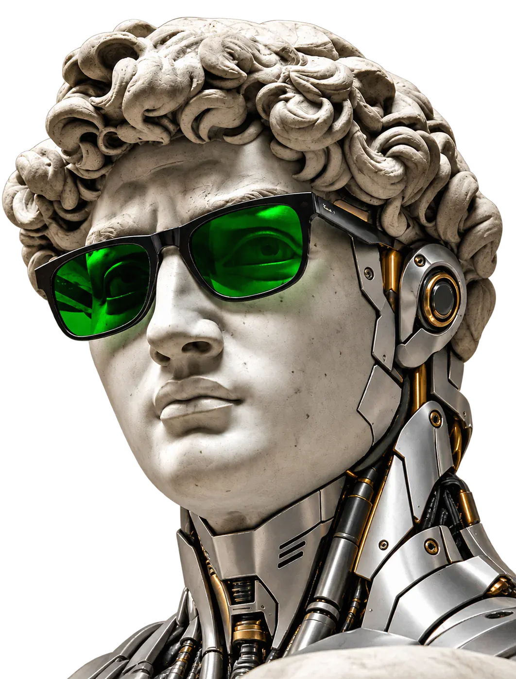 A classical marble bust reimagined as an AI cyborg, wearing green sunglasses